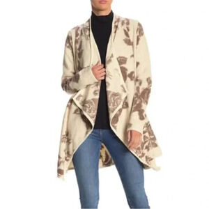 Lucky brand medium draped floral cardigan cream tan beige flowers flowy sweater